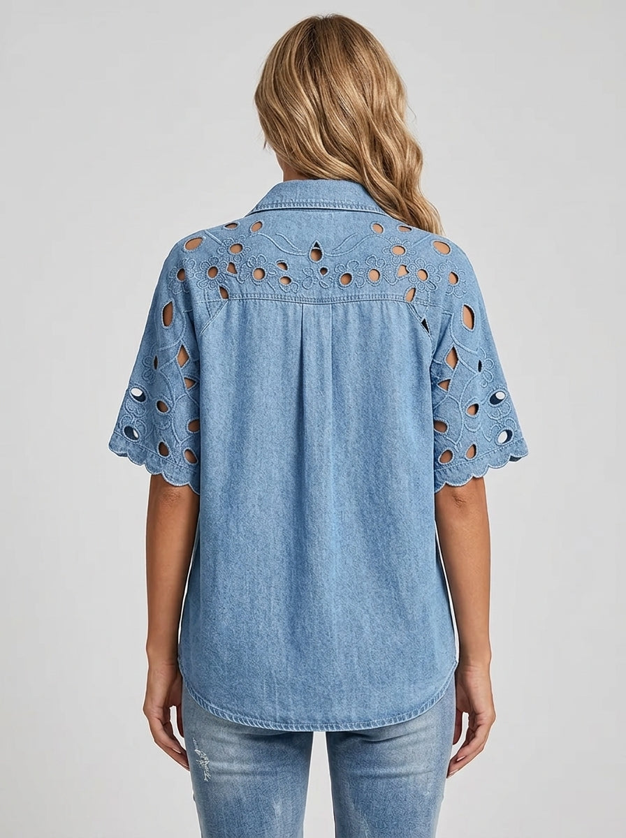 Vintage-Style Denim Shirt with Cutout Floral Lace Sleeve Panels - Button-Up Scalloped Sleeve Blouse