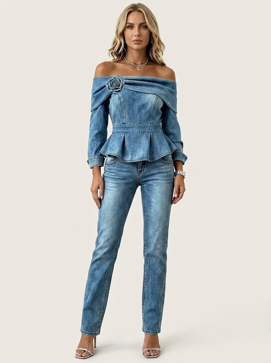 Off-Shoulder Denim Peplum Top - Blue Rosette Flower Detail Blouse