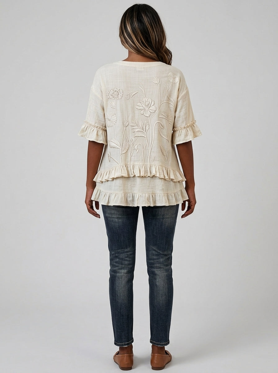 Retro Floral Embroidered V-Neck Ruffle Blouse in Cream - Button Placket 3/4 Sleeve Top