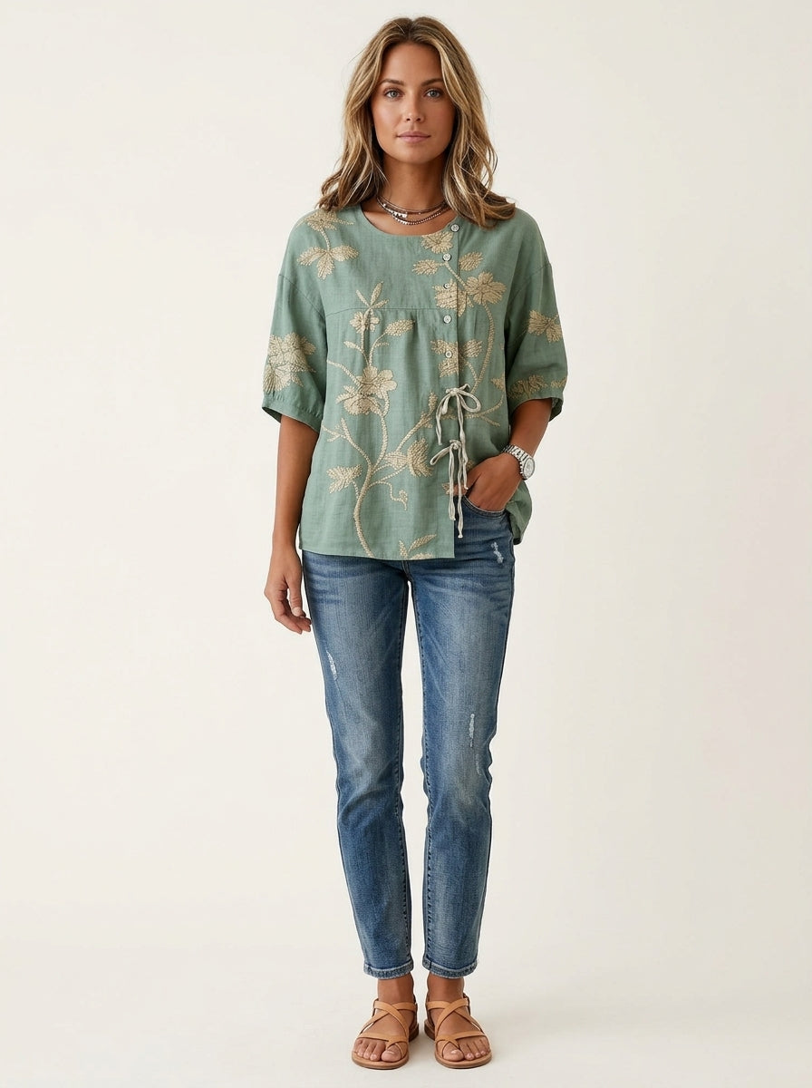Casual Floral Embroidered Drawstring Hem Top in Sage Green - Round Neck Button Placket Top