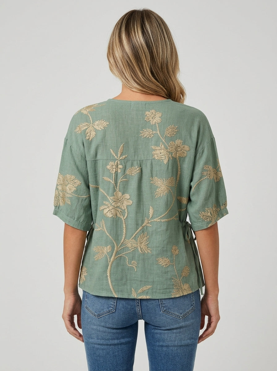Casual Floral Embroidered Drawstring Hem Top in Sage Green - Round Neck Button Placket Top