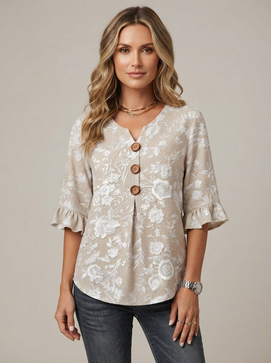 Beige Floral Print Blouse - Wood Button V-Neck Ruffle Sleeve Top
