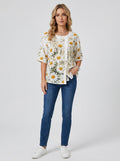 White Daisy Print Blouse - Round Neck Tie-Front Patchwork Top