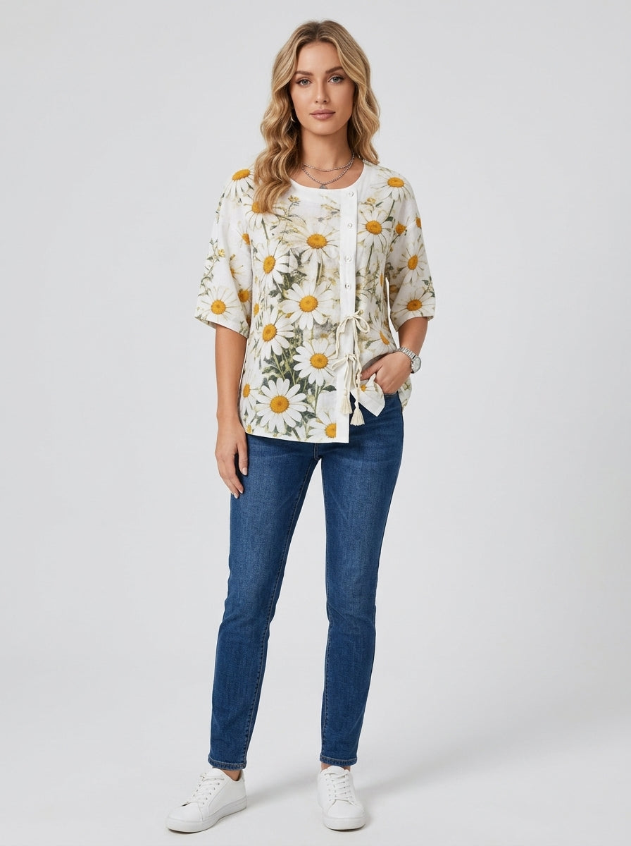 White Daisy Print Blouse - Round Neck Tie-Front Patchwork Top