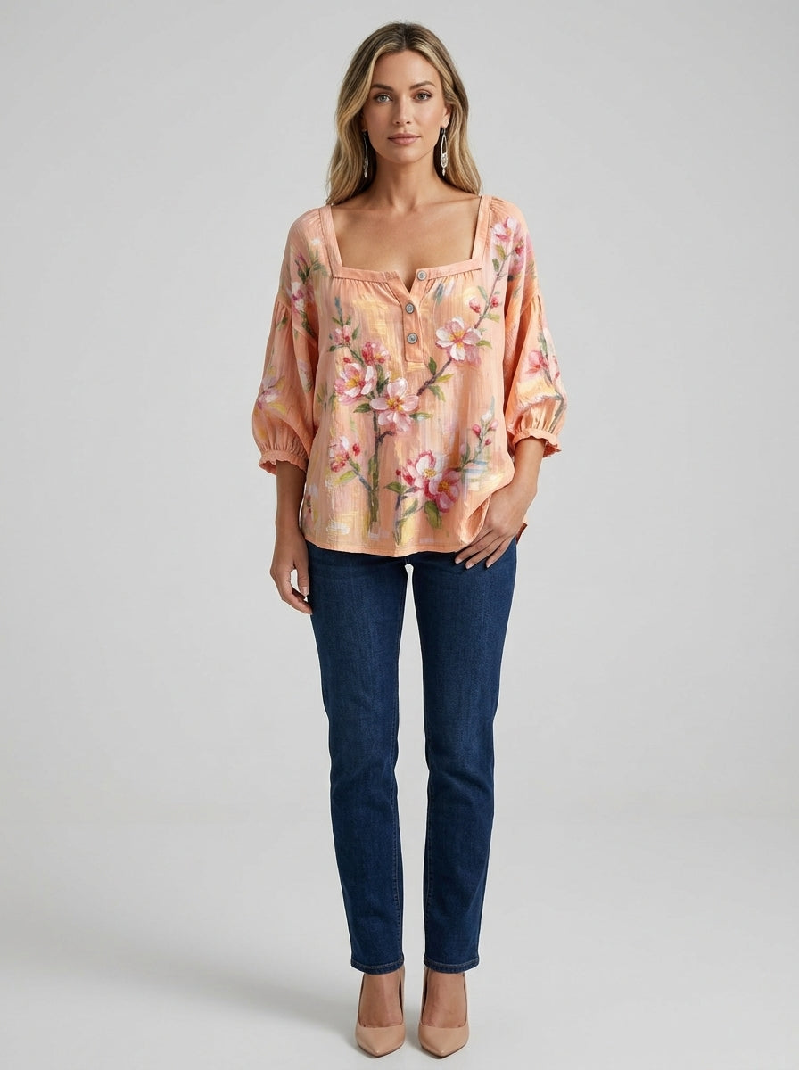 Peach Floral Print Blouse - Square Neck Balloon Sleeve Top