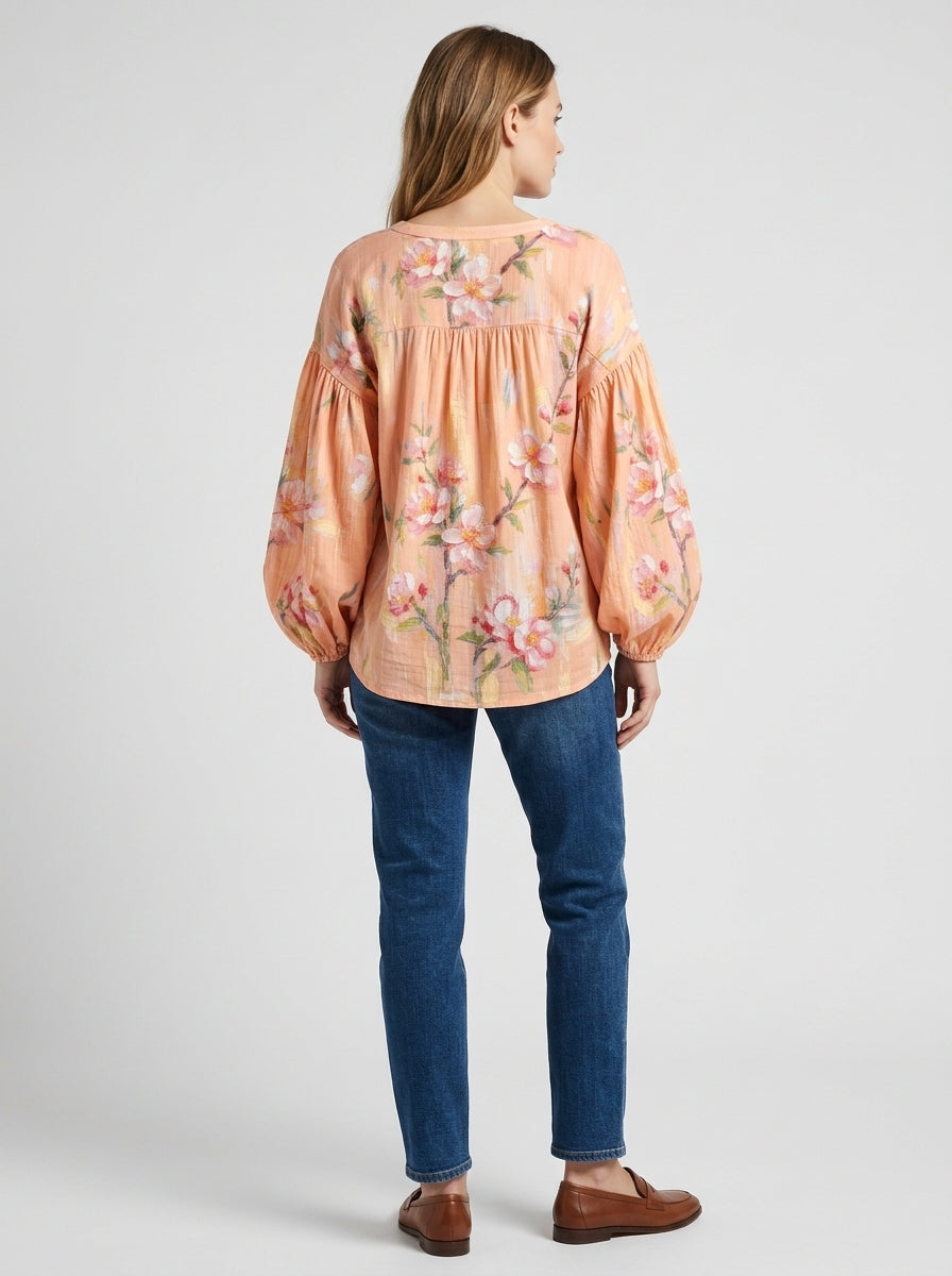 Peach Floral Print Blouse - Square Neck Balloon Sleeve Top