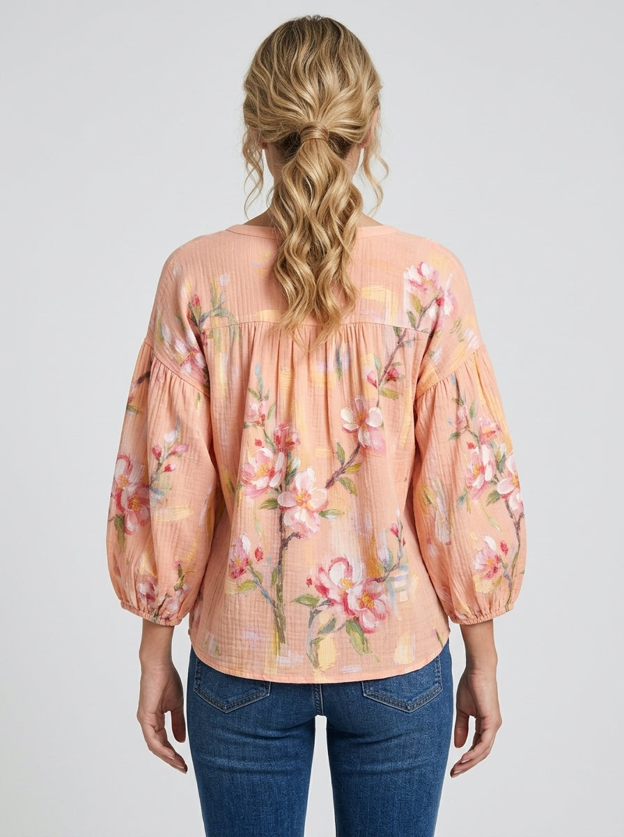 Peach Floral Print Blouse - Square Neck Balloon Sleeve Top