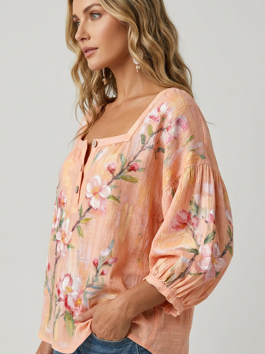 Peach Floral Print Blouse - Square Neck Balloon Sleeve Top