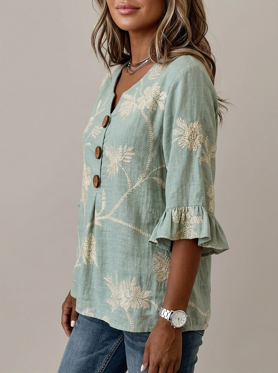 Sage Green Floral Print Blouse - Wood Button Ruffle Sleeve Top