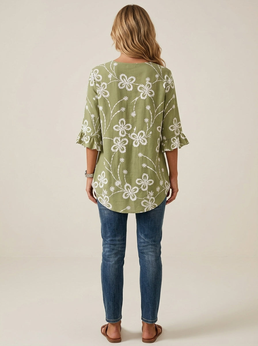 Olive Floral Print Blouse - Wood Button Ruffle Sleeve V-Neck Top