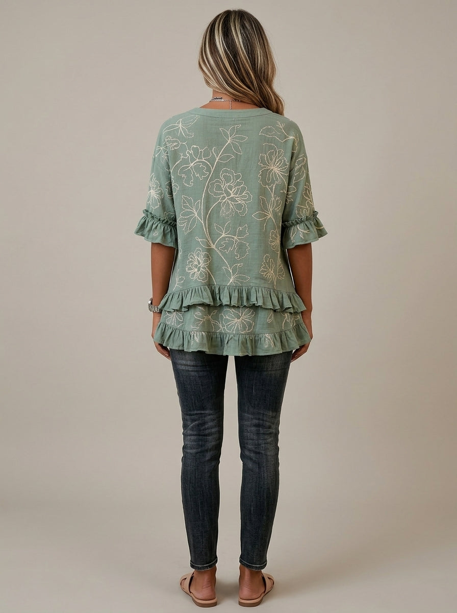 Retro Floral Embroidered V-Neck Ruffle Blouse in Sage Green - Button Placket 3/4 Sleeve Top