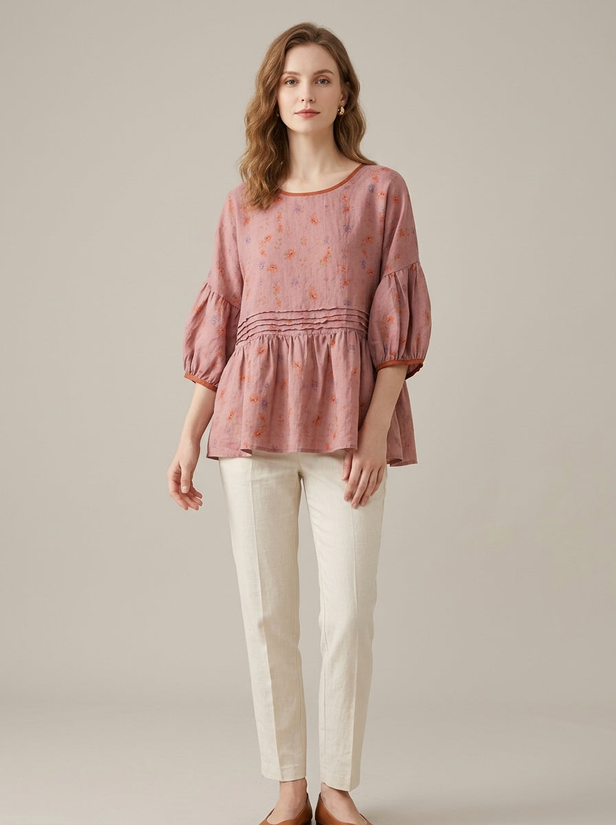 Trendy Boho Print Blouse - Pink Floral Round Neck Half Sleeve Peplum Top