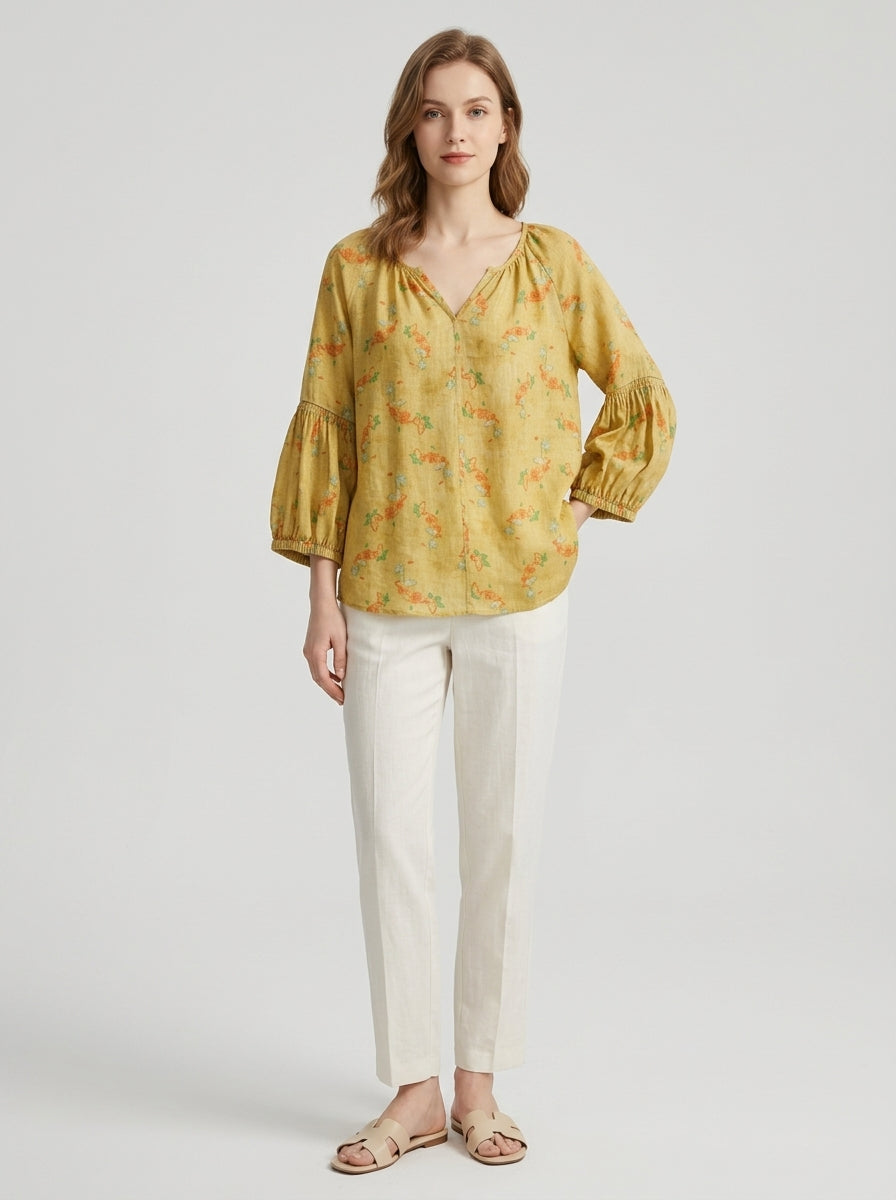 Loose Boho Cotton Blouse - Yellow Floral Print V-Neck Peasant Top
