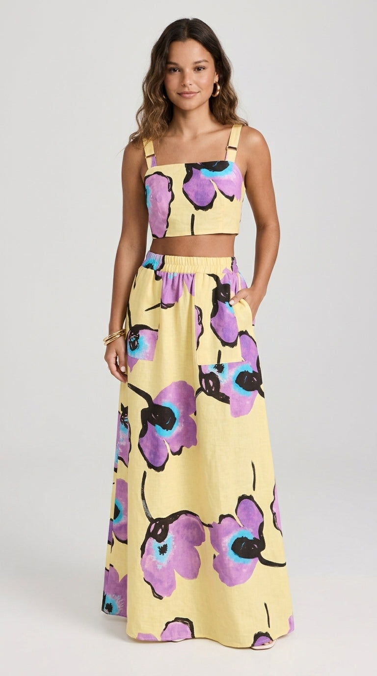 Floral Print Set - Square Neck Tie-Back Crop Top and Wide-Leg Maxi Skirt Set