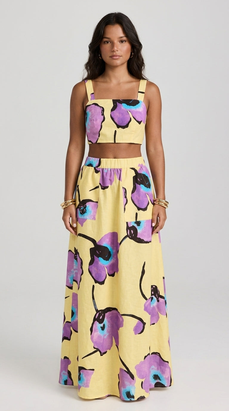 Floral Print Set - Square Neck Tie-Back Crop Top and Wide-Leg Maxi Skirt Set