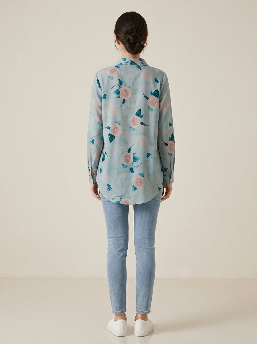 Boho Floral Print Cotton Shirt - Blue Collared Long Sleeve Top