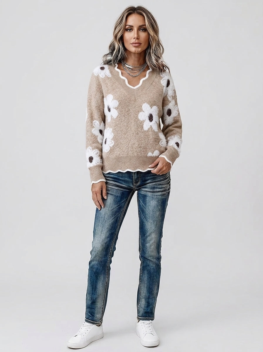 Fuzzy Daisy Print Knit Sweater - Beige Scalloped V-Neck Floral Pullover
