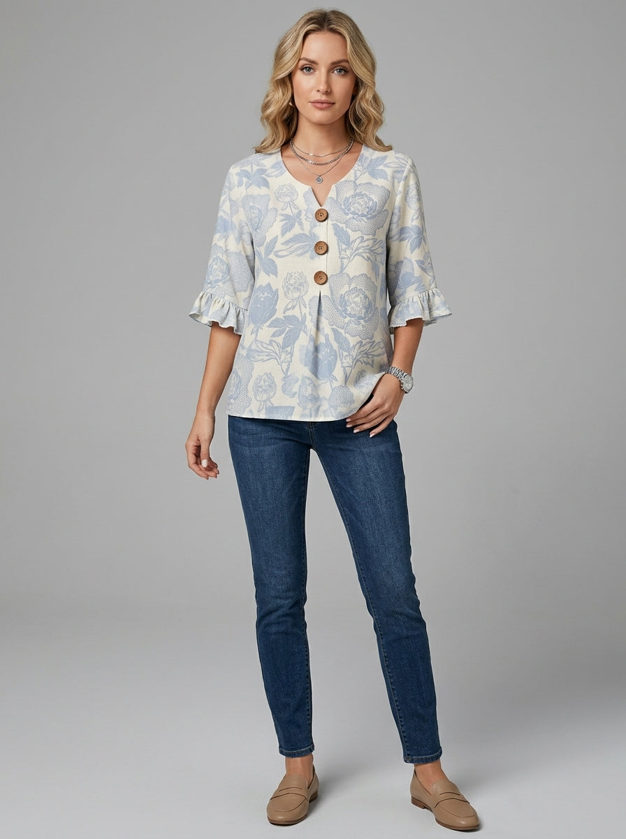Casual Floral Print Button-Front Top in Blue and White - Ruffle Sleeve V-Neck Blouse
