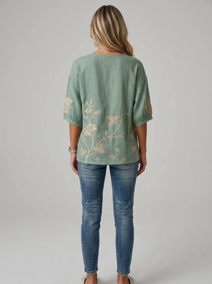 Casual Floral Embroidered Drawstring Hem Top in Sage Green - Round Neck Button Placket Top