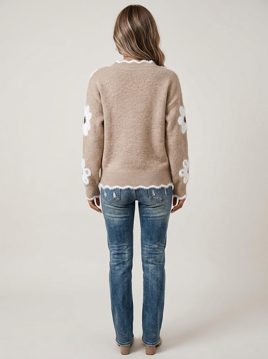 Fuzzy Daisy Print Knit Sweater - Beige Scalloped V-Neck Floral Pullover