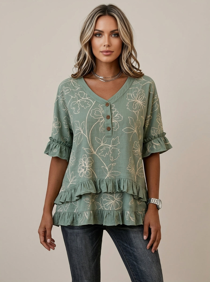 Retro Floral Embroidered V-Neck Ruffle Blouse in Sage Green - Button Placket 3/4 Sleeve Top
