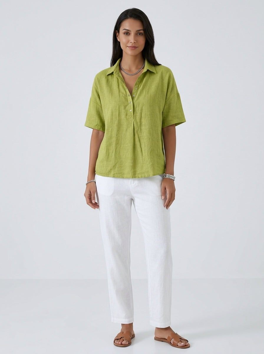 Casual Cotton Linen Snap-Button Polo Top in Chartreuse Green - Short Sleeve Relaxed Fit Polo