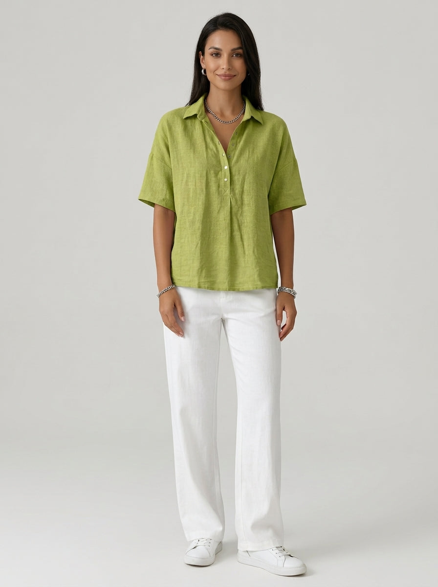 Casual Cotton Linen Snap-Button Polo Top in Chartreuse Green - Short Sleeve Relaxed Fit Polo
