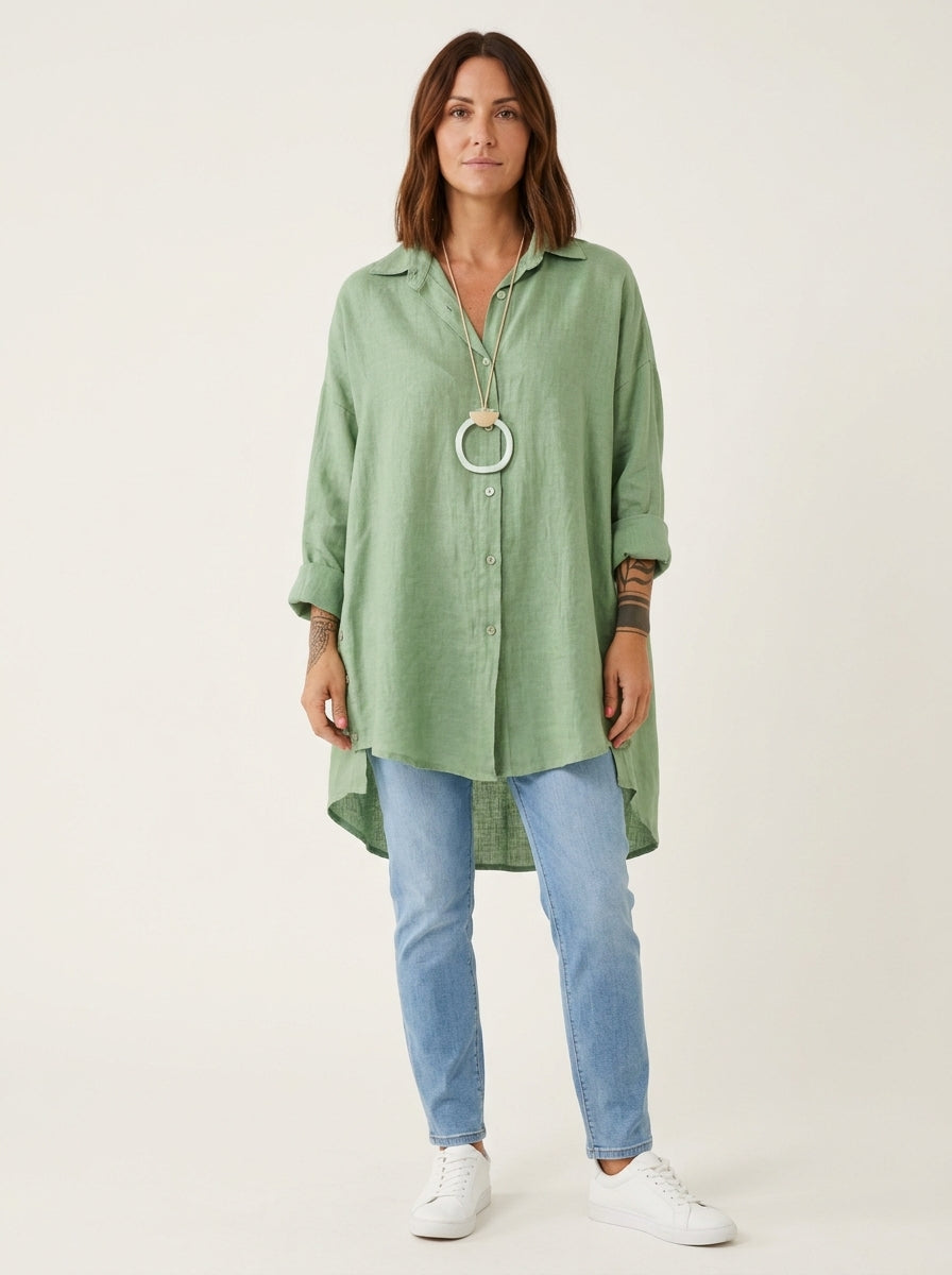Casual Cotton Blend Shirt - Green Relaxed Long Sleeve Button-Up Top