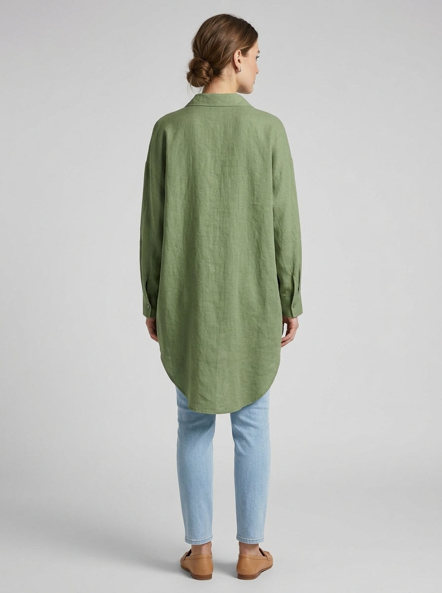 Casual Cotton Blend Shirt - Green Relaxed Long Sleeve Button-Up Top