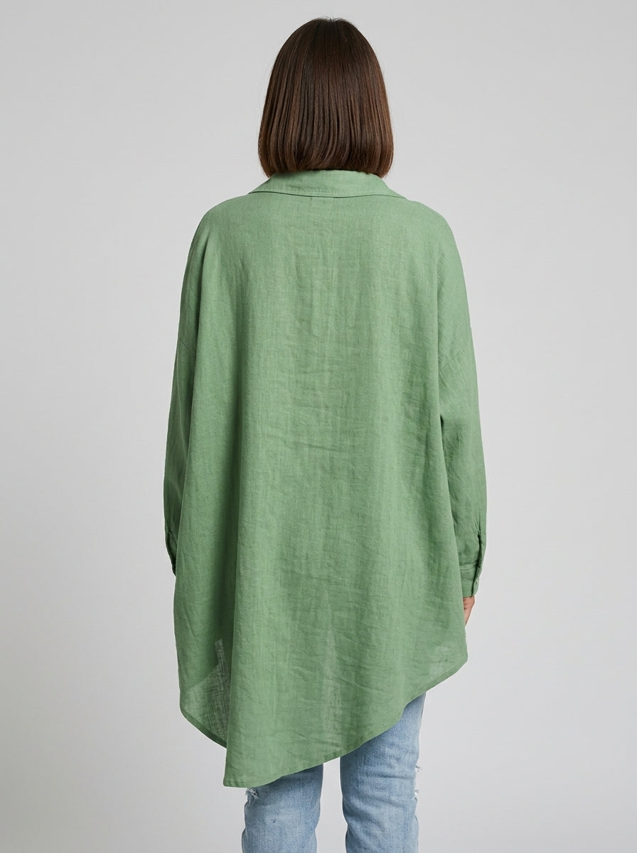 Casual Cotton Blend Shirt - Green Relaxed Long Sleeve Button-Up Top