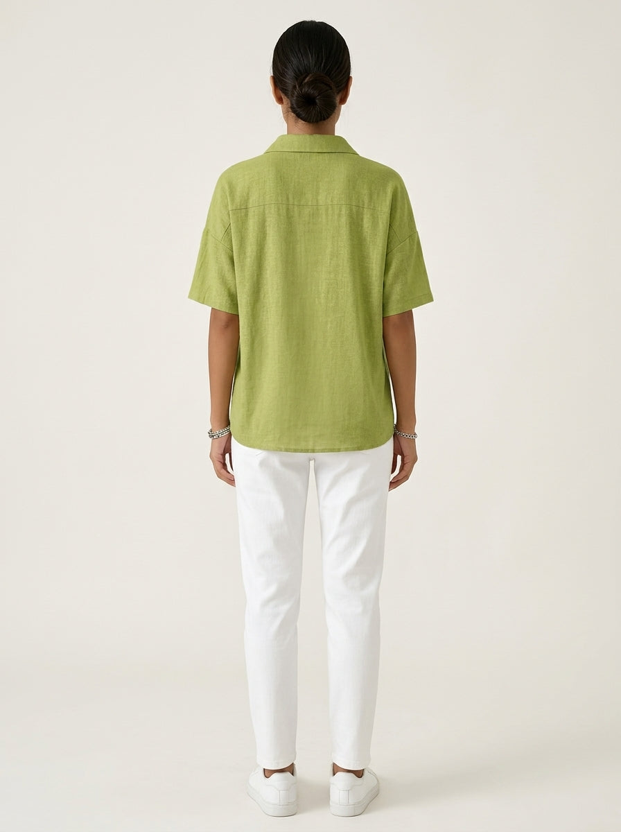 Casual Cotton Linen Snap-Button Polo Top in Chartreuse Green - Short Sleeve Relaxed Fit Polo