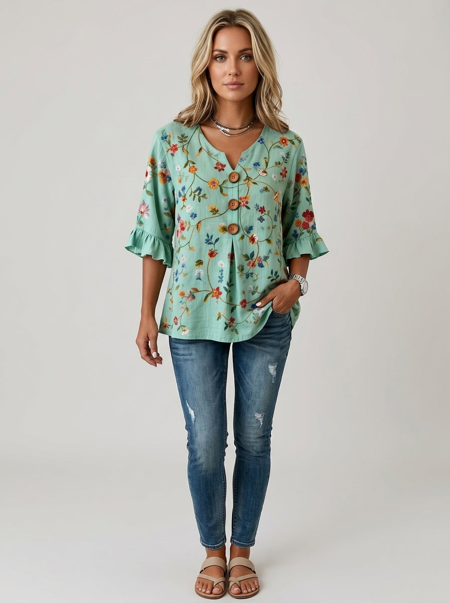 Casual Multicolor Floral Print Button-Front Top in Mint Green - Ruffle Sleeve V-Neck Blouse