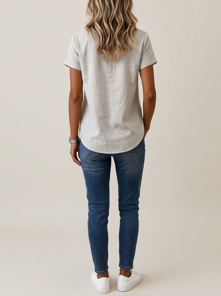 Grey Ruffle Collar Blouse - Faux Wrap V-Neck Cotton Casual Top