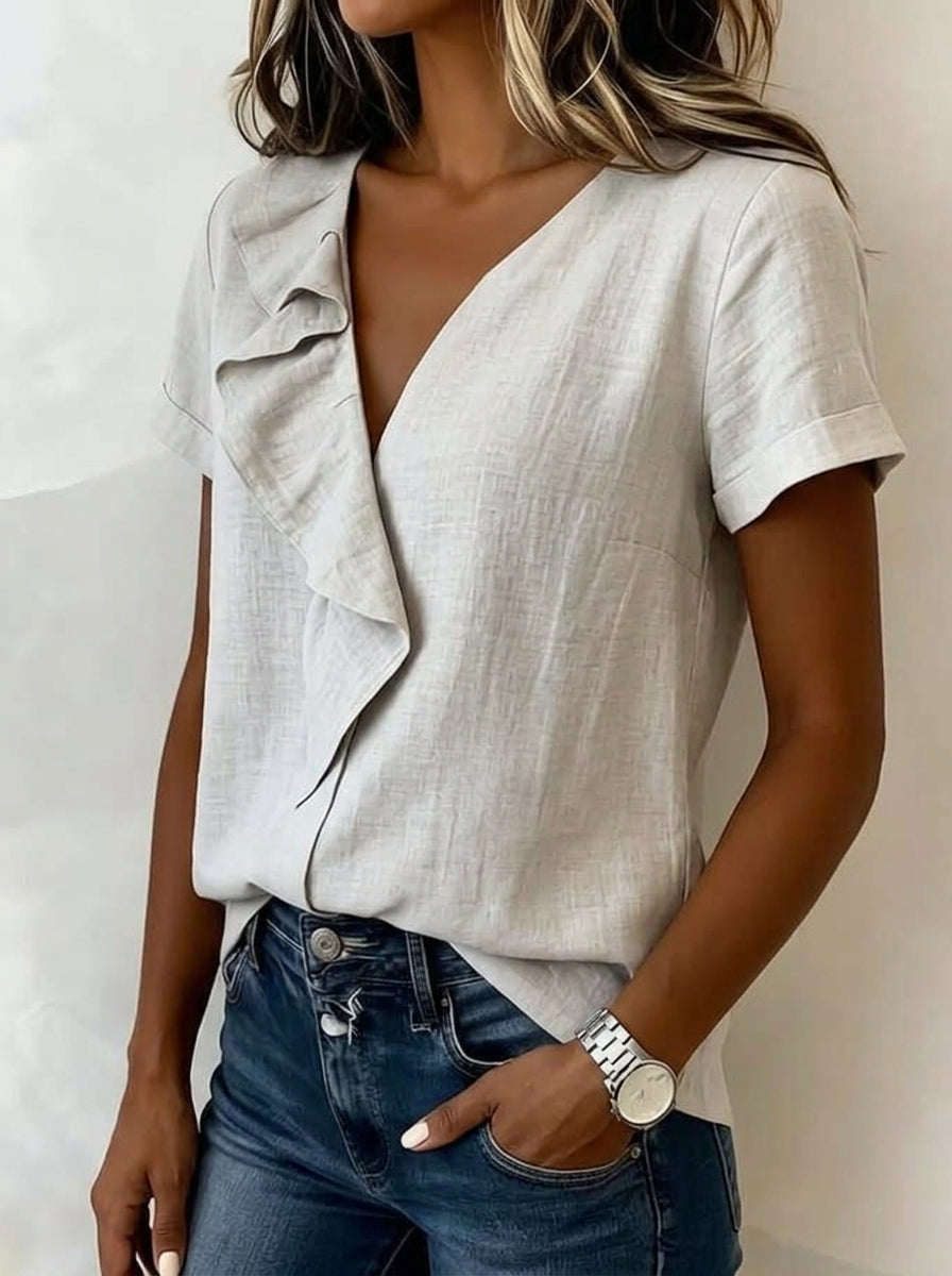 Grey Ruffle Collar Blouse - Faux Wrap V-Neck Cotton Casual Top