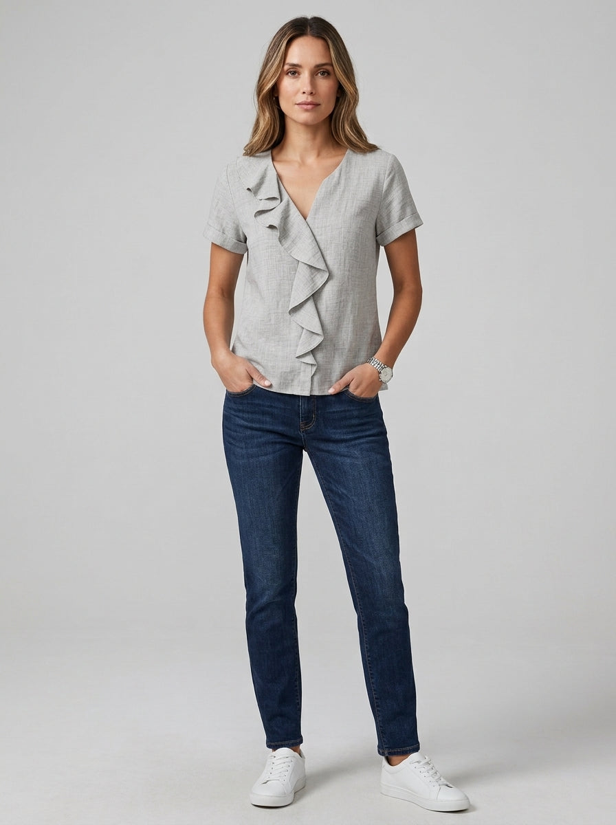 Grey Ruffle Collar Blouse - Faux Wrap V-Neck Cotton Casual Top