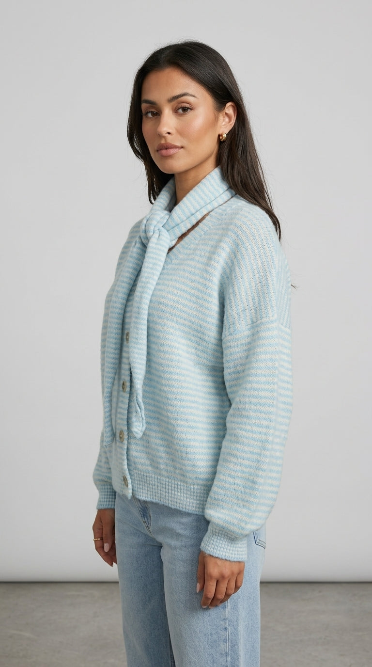 Jennifer Cardigan in Light Blue with Matching Scarf - Striped Knit