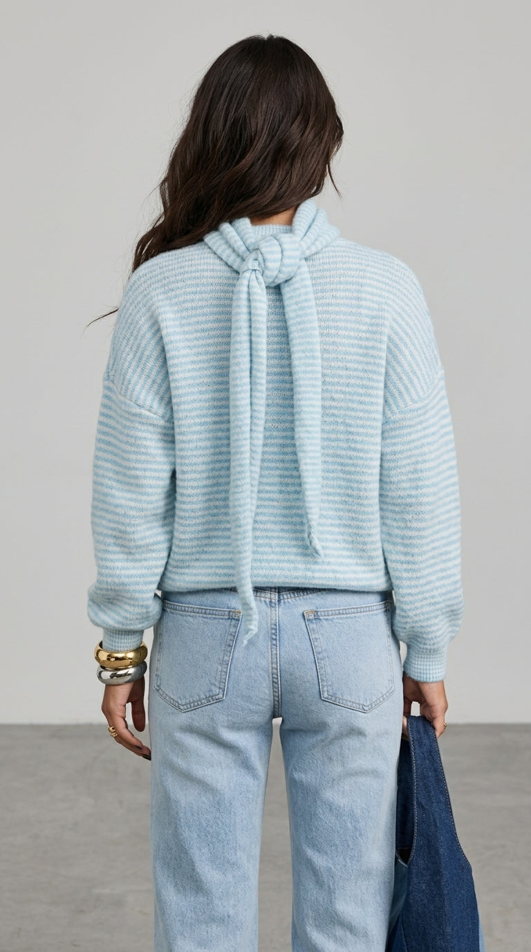 Jennifer Cardigan in Light Blue with Matching Scarf - Striped Knit