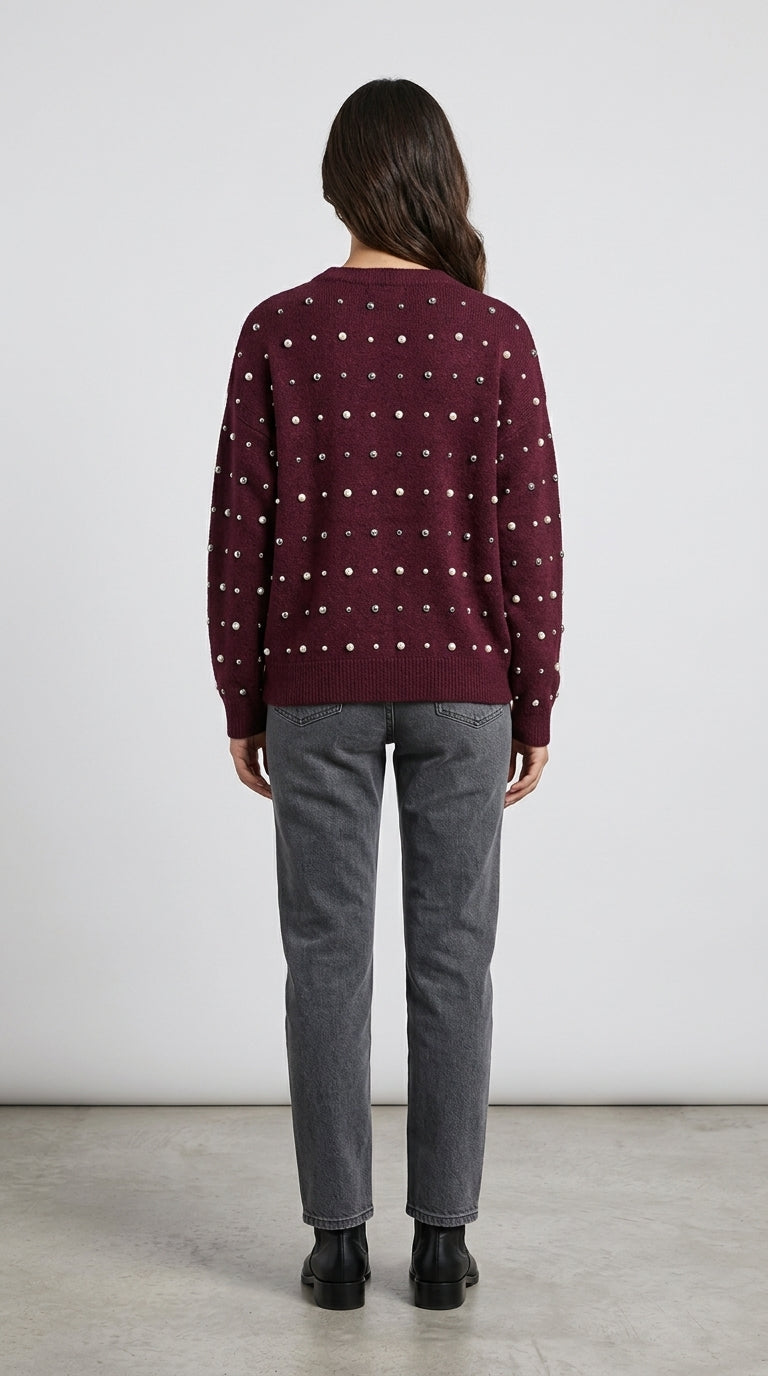 Sabrina Studded Sweater in Burgundy - Crew Neck Pearl-Embellished Knit