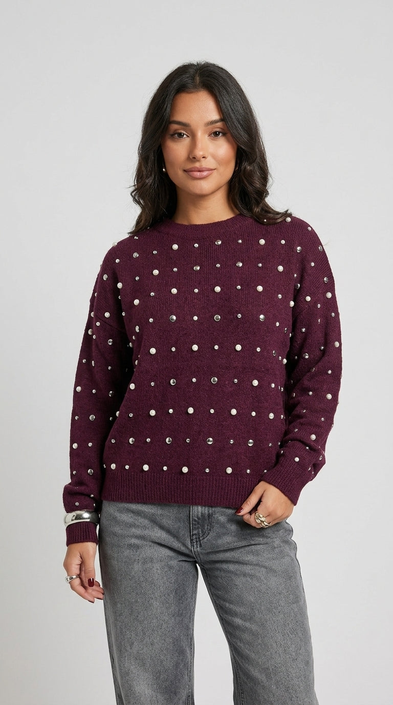 Sabrina Studded Sweater in Burgundy - Crew Neck Pearl-Embellished Knit