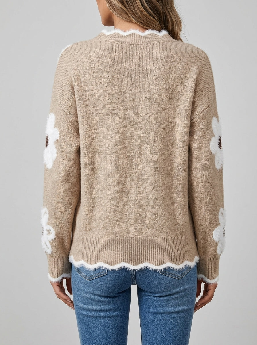 Fuzzy Daisy Print Knit Sweater - Beige Scalloped V-Neck Floral Pullover