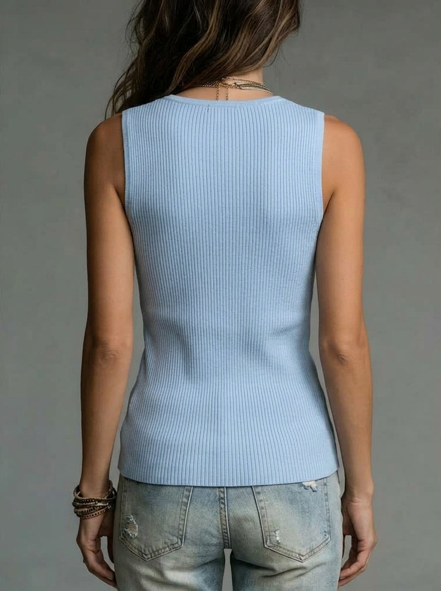 Minimalist Cotton Wrap Top - Light Blue Ribbed V-Neck Sleeveless Top