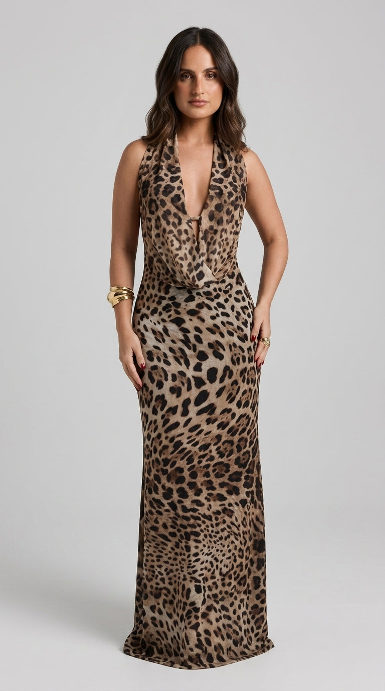 Animal Print Dress in Brown - Deep V-Neck Open Back Maxi Dress