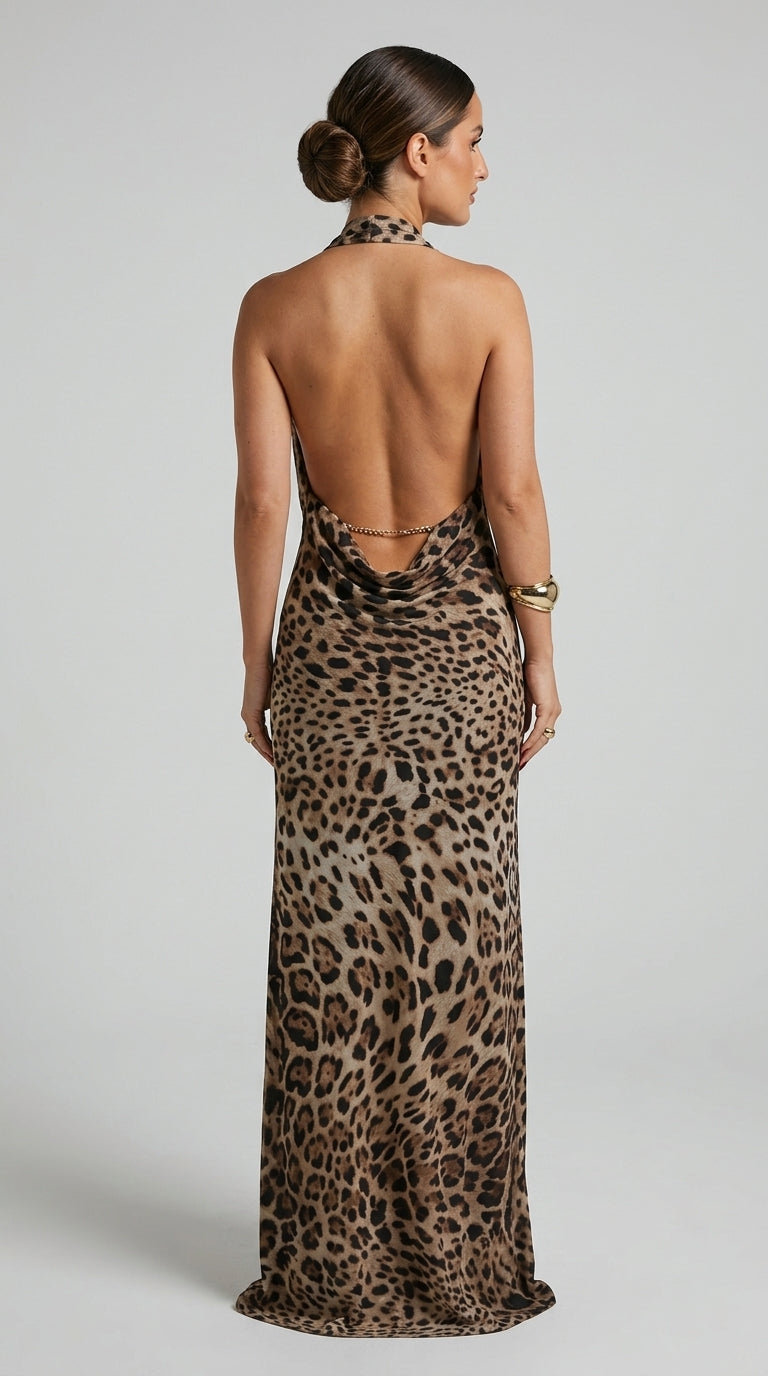 Animal Print Dress in Brown - Deep V-Neck Open Back Maxi Dress
