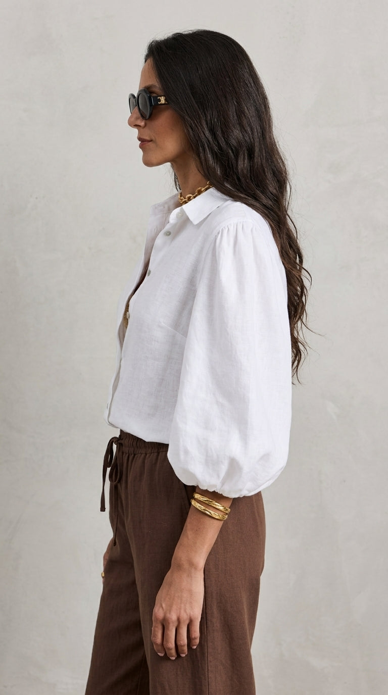 Linen Puff Sleeve Blouse in White - Button-Up Balloon Sleeve Shirt