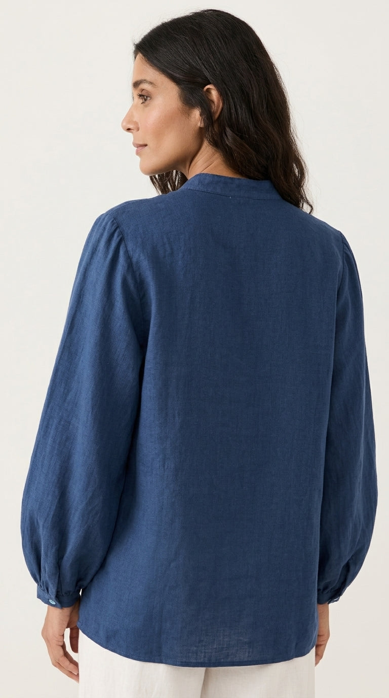 Balloon Sleeve Linen Blouse in Dark Denim - Band Collar Puff Sleeve Blouse