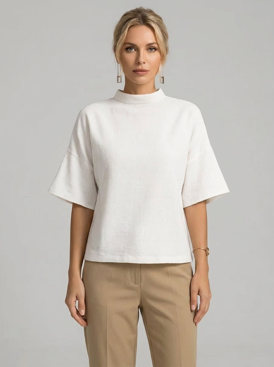 Minimalist Cotton Linen Shirt - White Mock Neck Short Sleeve Top