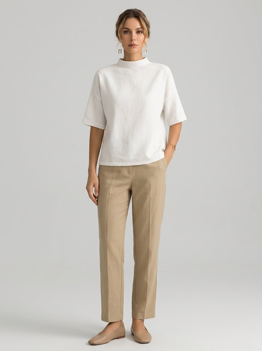Minimalist Cotton Linen Shirt - White Mock Neck Short Sleeve Top