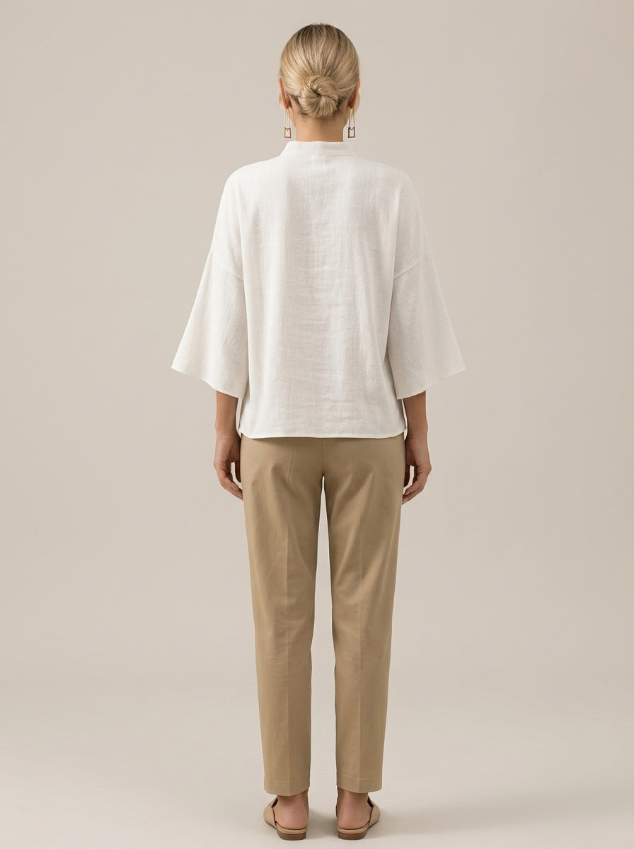 Minimalist Cotton Linen Shirt - White Mock Neck Short Sleeve Top
