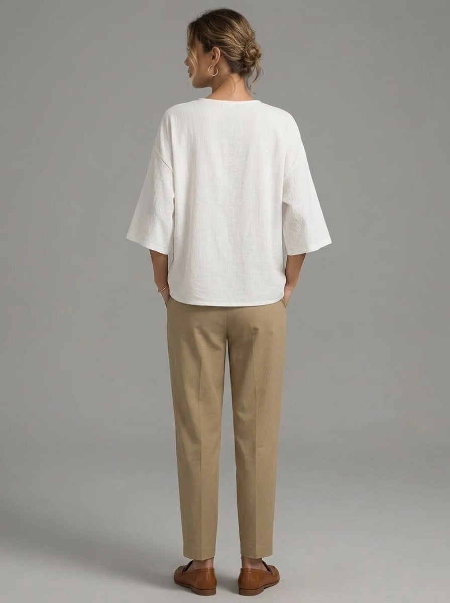 Minimalist Cotton Linen Shirt - White Mock Neck Short Sleeve Top