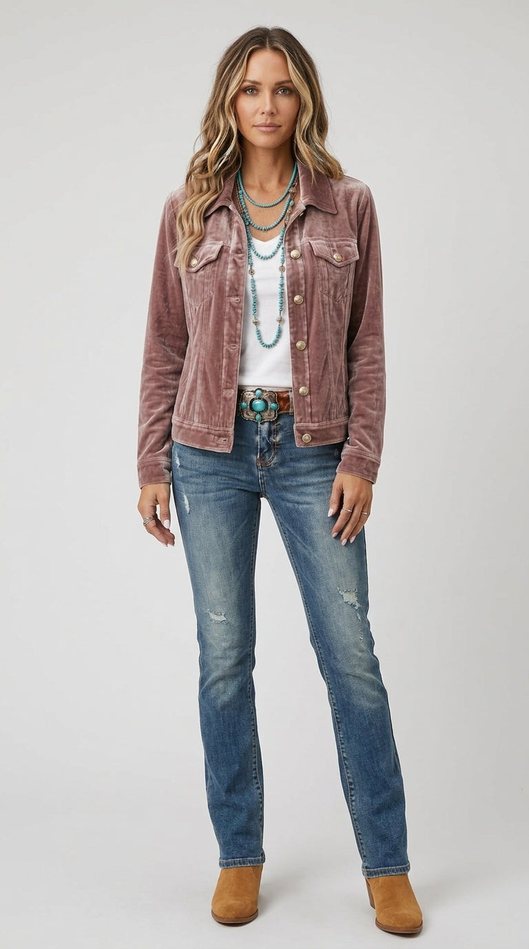 Rosalind Velvet Jacket in Mauve - Classic Collar Trucker Jacket